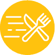 A yellow circle with a white fork and knife crossed in the center and three horizontal lines on the left, suggesting fast food or food delivery.