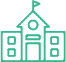 Simple green line drawing of a school building with a flag on top, two windows on each side, and a central door.
