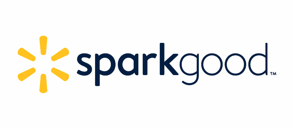 Logo with a yellow spark symbol followed by the words sparkgood in lowercase, dark blue letters on a light gray background.