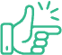 A green line drawing of a hand making a finger gun gesture, with lines near the extended index finger suggesting a snap or pointing motion.