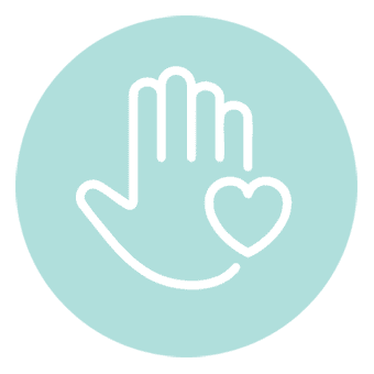 A white outline of a raised hand with a heart shape near the palm, centered on a light blue circular background.