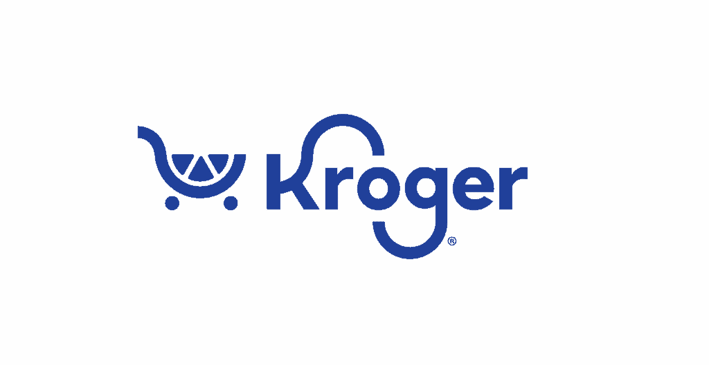 Blue Kroger logo with the initial K forming part of a shopping cart icon, which contains two lemon slices as items inside the cart, set against a light gray background.
