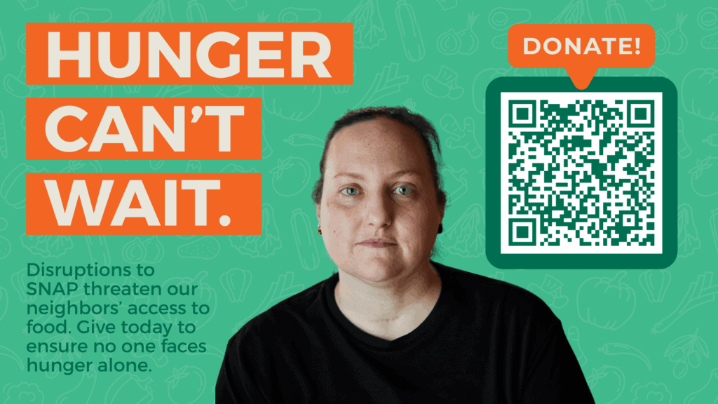 A person with short hair and a black shirt faces forward on a green background with food icons. Text reads Hunger Can't Wait. A QR code and a Donate! button appear beside the person, urging immediate support.