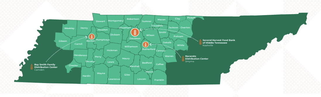 Map of Tennessee highlighting multiple counties and marking locations of the Kay Smith Family Distribution Center in Camden, Second Harvest Food Bank of Middle Tennessee in Nashville, and Neocate Distribution Center in Smyrna.