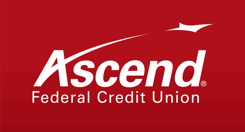 White Ascend Federal Credit Union text logo on a red background, with a swoosh and a small upward arrow above the word Ascend.