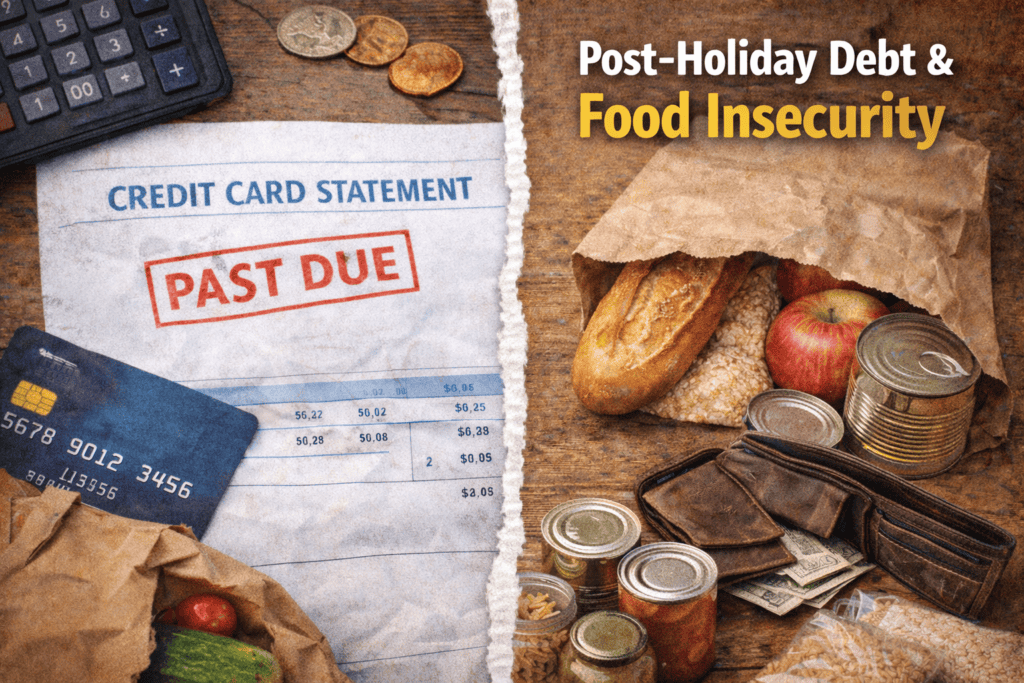 A past due credit card statement and a card lie next to an empty wallet, coins, and groceries, illustrating the theme of post-holiday debt and food insecurity. Bold text highlights “Food Insecurity.”.