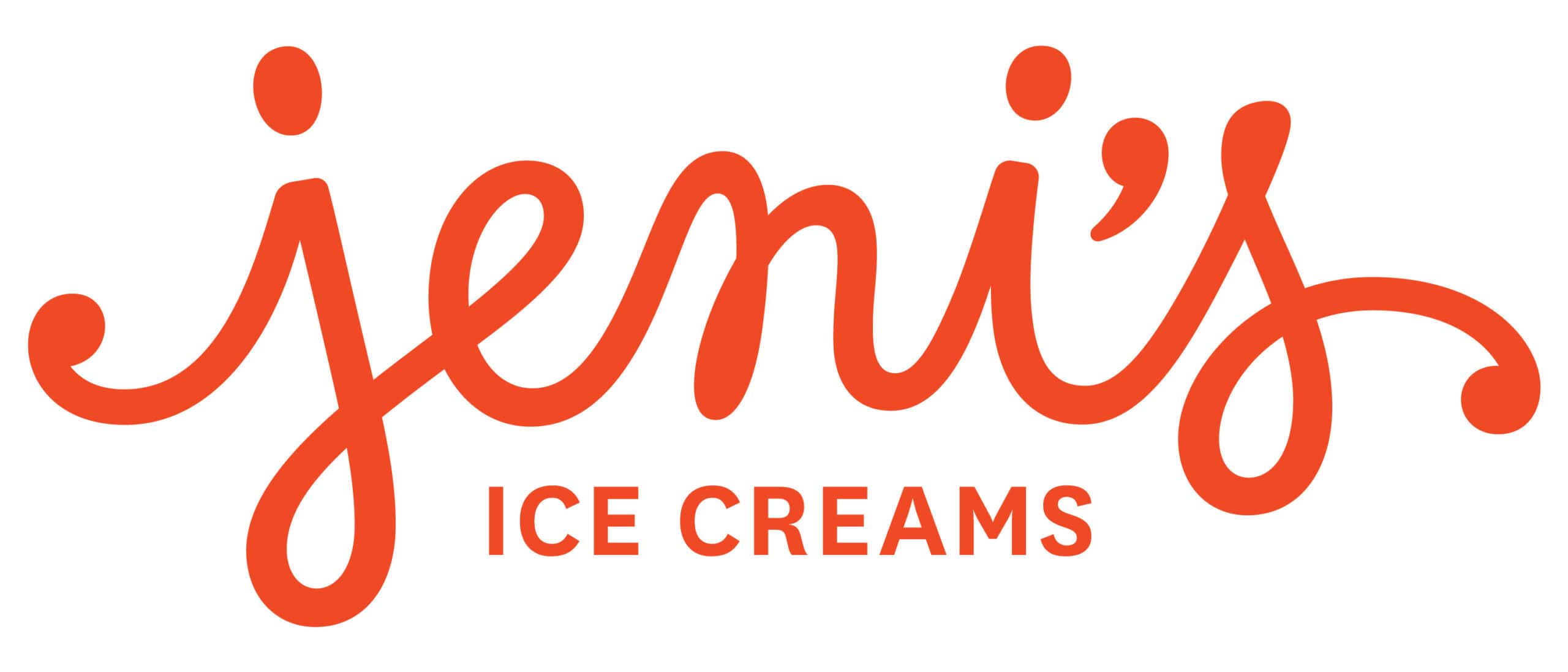 The image shows the Jeni’s Ice Creams logo with “jeni’s” in large, orange, cursive script and “ICE CREAMS” written below in smaller, uppercase, orange letters on a white background.