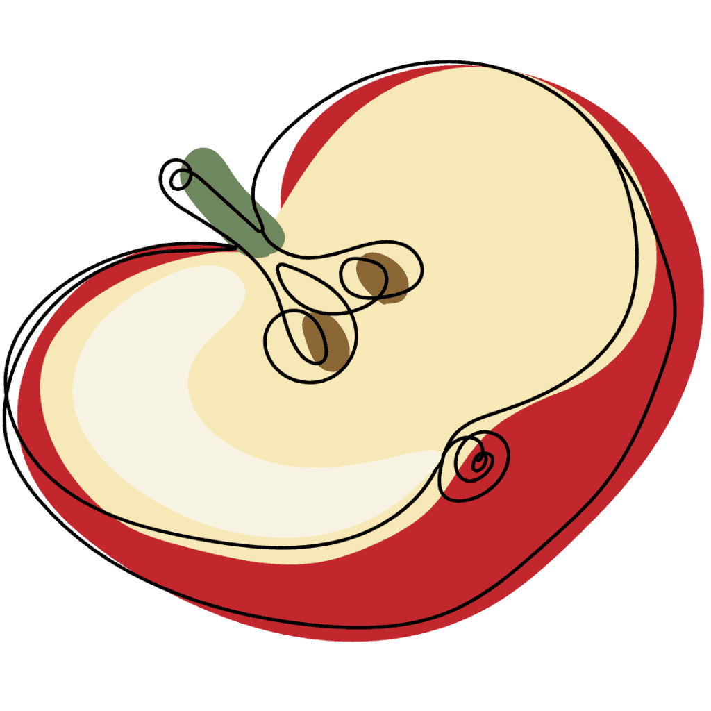 A minimalist, abstract illustration of a red apple half with visible seeds and a green stem, outlined in black continuous lines against a light background.