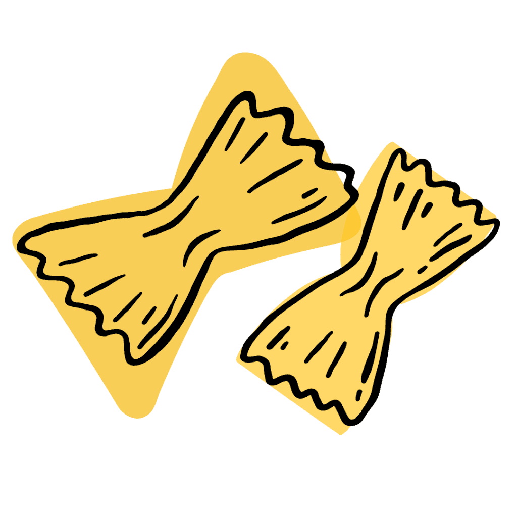 Illustration of two pieces of bowtie-shaped pasta (farfalle) with yellow coloring and black outline details, placed on a white background.