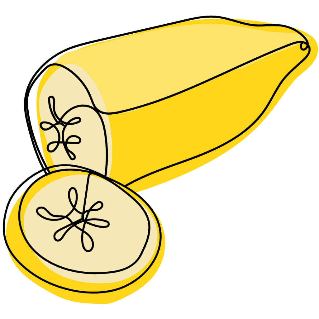A simple line drawing of a yellow banana with one end sliced off, revealing the inside and a cross-section with stylized seeds.