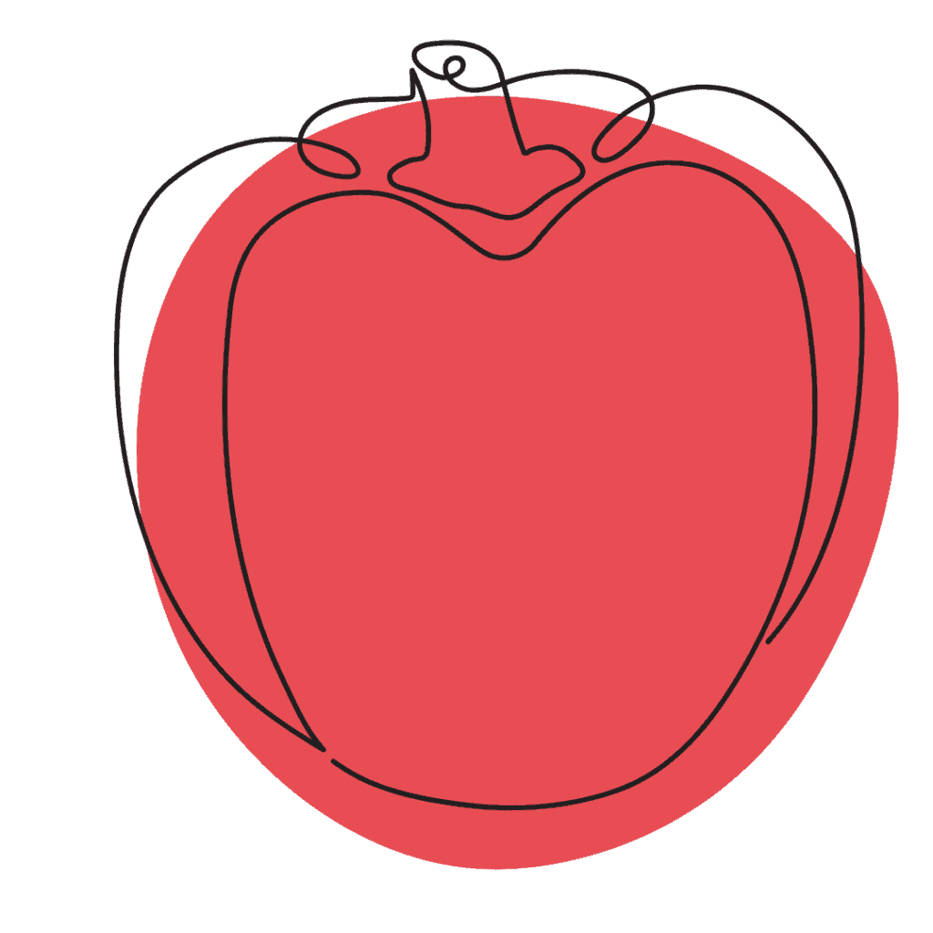 A minimalist line drawing of a bell pepper outlined in black, over a solid red, roughly oval background.