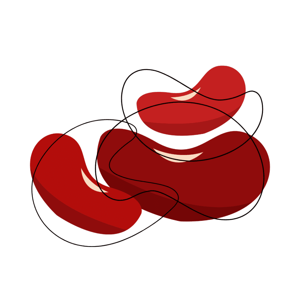 Abstract illustration of three red kidney-shaped forms overlapping on a white background, with thin, irregular black lines looping across and around the shapes.