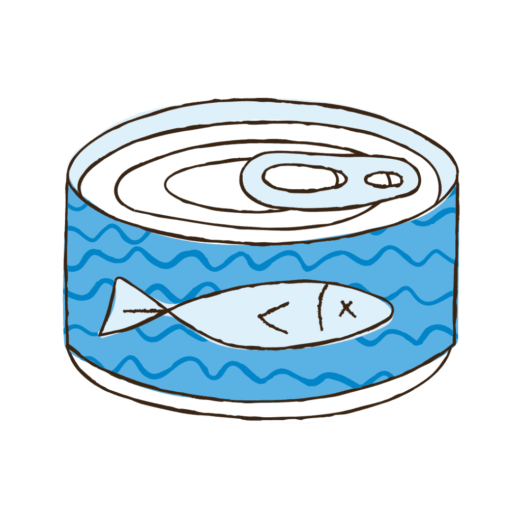 A simple drawing of a tin can with a pull-tab lid, decorated with blue wavy lines and an illustration of a fish on the front.
