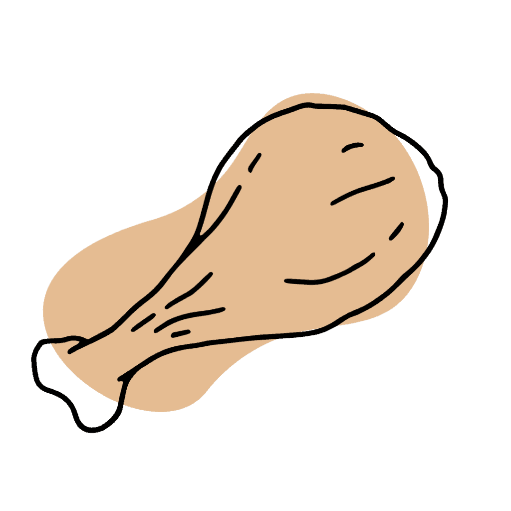 Simple line drawing of a cooked chicken drumstick with a bone, colored in light brown, on a white background.