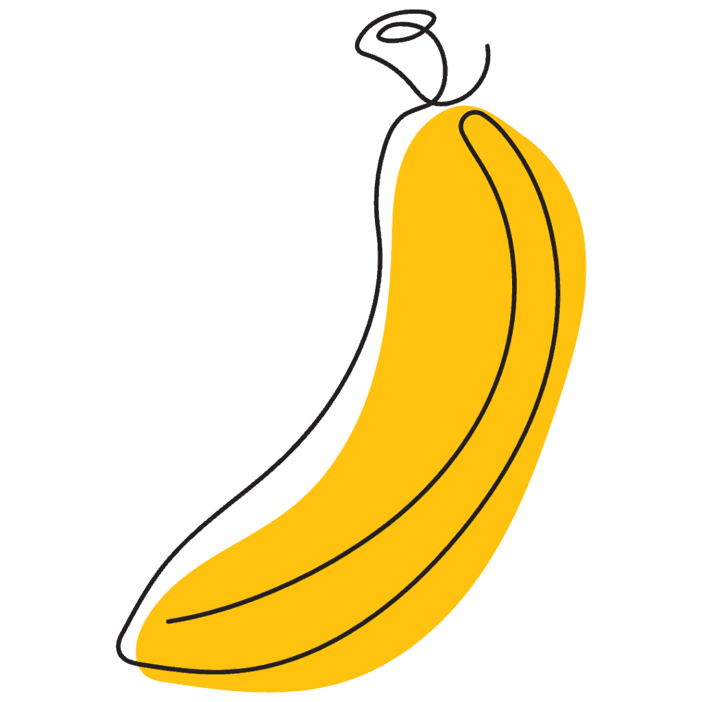 A simple line drawing of a banana, colored yellow with black outlines, on a white background.