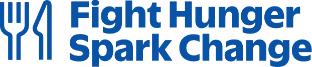 Blue text reads Fight Hunger Spark Change next to a blue outline of a fork and spoon arranged side by side, with the spoon resembling a flame. The background is light gray.