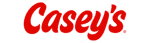 The word Caseys is written in bold, red, cursive-style letters on a light gray background.