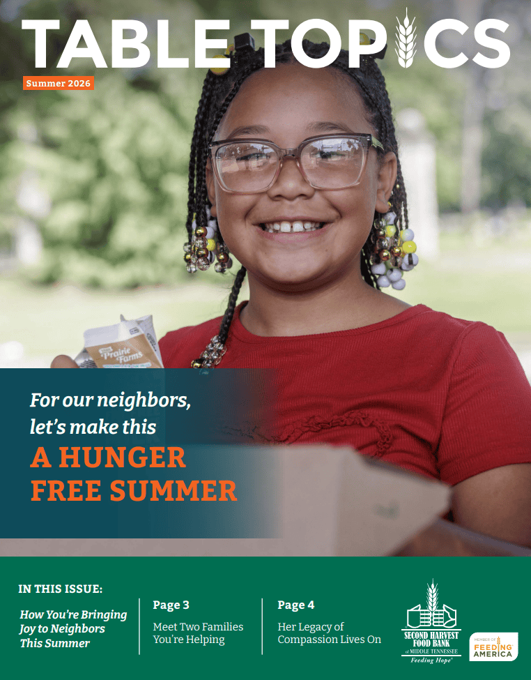 A smiling girl with glasses holds a juice box and food outdoors. Text reads: “For our neighbors, let’s make this a hunger free summer.” Logos for the North Texas Food Bank, Feeding America, and magazine info are visible.