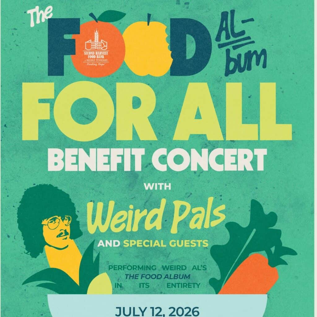 Colorful poster for The Food Album For All Benefit Concert on July 12, 2026, featuring Weird Pals and special guests, with playful fonts and illustrations of food like a carrot and a drumstick.