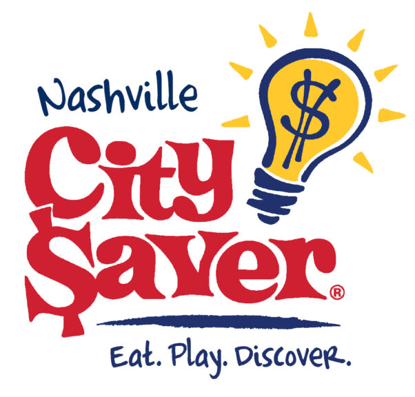 Logo for Nashville City Saver featuring the name in bold red letters, a lightbulb with a dollar sign inside, and the tagline Eat. Play. Discover. in blue script.