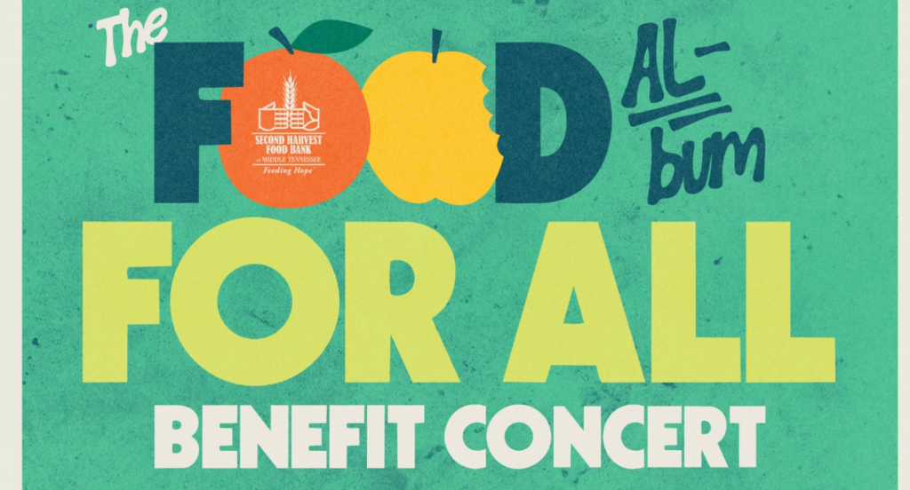 Stylized poster with the words “The Food Album For All Benefit Concert.” The first “O” in “FOOD” is an orange with the Second Harvest Food Bank logo, and the second “O” is a sliced apple. Background is green with a retro look.