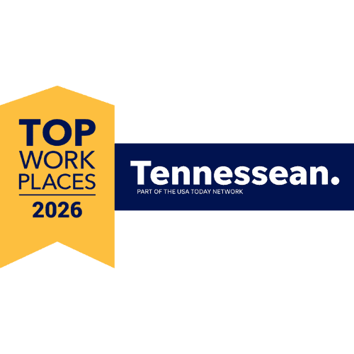 A yellow banner reads Top Workplaces 2026 next to a navy blue bar with the text Tennessean. Part of the USA Today Network on a light gray background.
