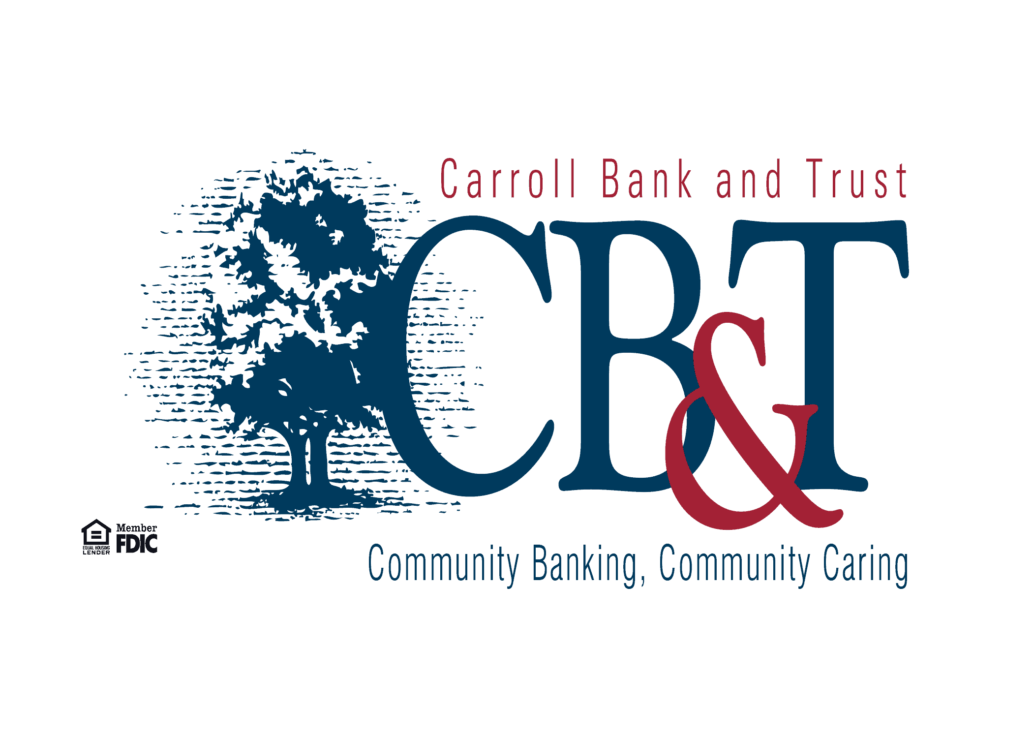 The Carroll Bank and Trust logo features a large blue tree, the initials CB&T in blue and red, and the slogan Community Banking, Community Caring. The FDIC and Equal Housing Lender logos are also present.