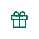 A simple green line drawing of a gift box with a bow on top, centered on a white circular background.