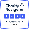 Charity Navigator Four-Star 2026 badge featuring four blue stars and bold text on a white background with a blue border.