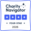 Charity Navigator Four-Star 2026 badge featuring four blue stars and bold text on a white background with a blue border.